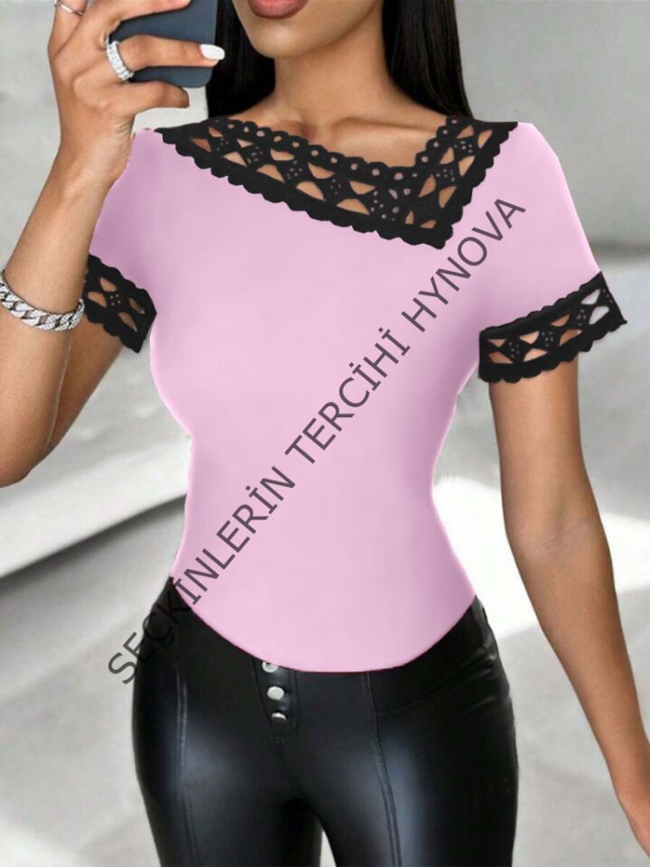 Kadın Kısa Kollu Dantel Yaka Viskon Bluz