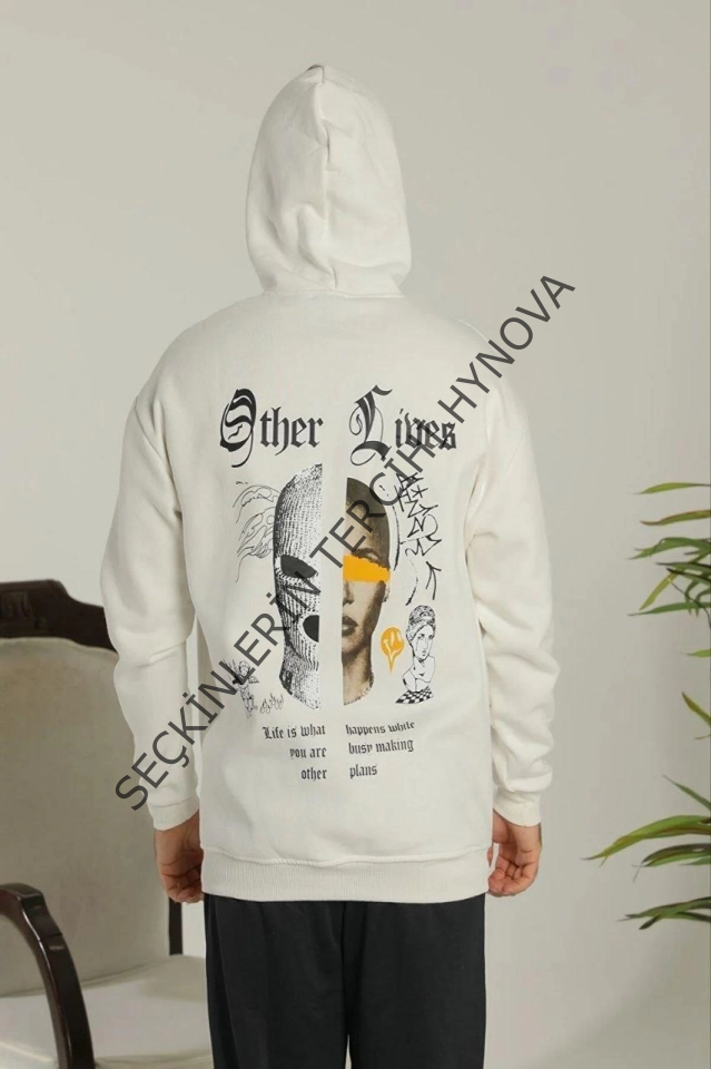 Oversize Üç İplik Şardonlu Kapüşonlu Sweatshirt – Beyaz “Other Lives” Ön Ve Arka Baskılı, Kanguru Cepli, Ribanalı Rahat Kışlık Model Beyaz