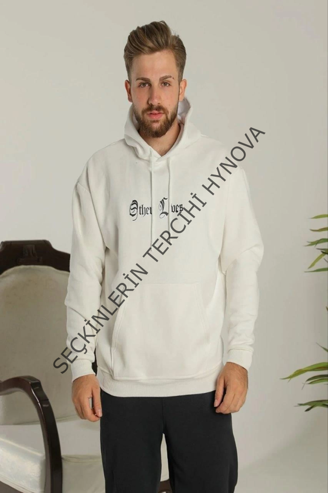 Oversize Üç İplik Şardonlu Kapüşonlu Sweatshirt – Beyaz “Other Lives” Ön Ve Arka Baskılı, Kanguru Cepli, Ribanalı Rahat Kışlık Model Beyaz