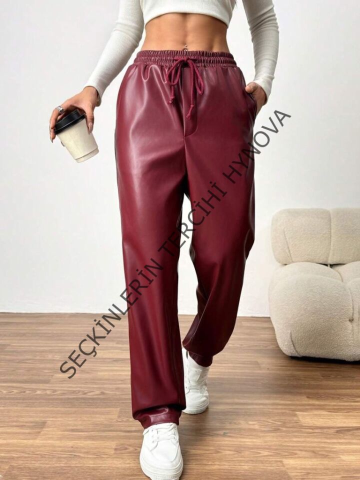 Kadın Yüksel Bel Bağcıklı Deri Pantolon