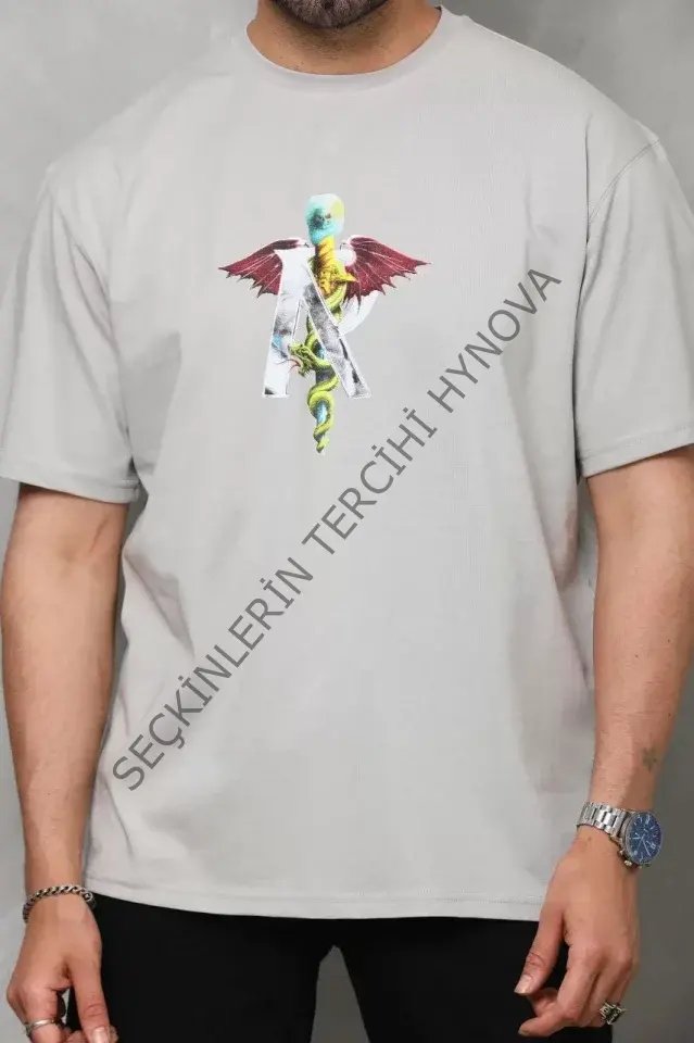 Unisex Bisiklet Yaka Baskılı Oversize T-Shirt - Gri