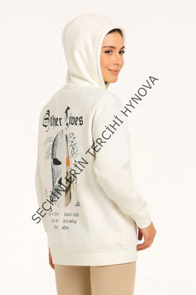 Oversize Üç İplik Şardonlu Kapüşonlu Sweatshirt – Beyaz “Other Lives” Ön Ve Arka Baskılı, Kanguru Cepli, Ribanalı Rahat Kışlık Model Beyaz