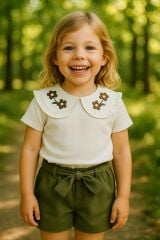 Lüks Bebe Yaka Çiçek Nakışlı Kız Çocuk Takımı – 4-8 Yaş Premium Kalite & Şıklık