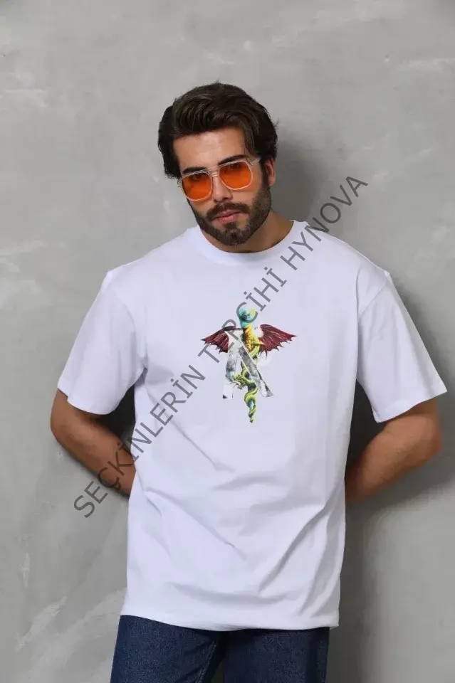 Unisex Bisiklet Yaka Baskılı Oversize T-Shirt - Beyaz