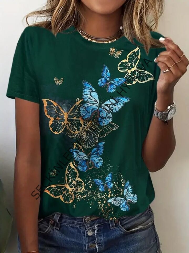 Kadın Kısa Kollu Mavi Sarı Kelebek Baskı Süprem T-shirt