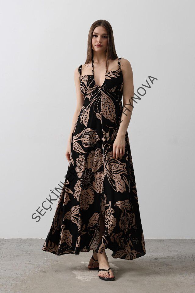 ASKILI VİSCON ELBİSE - Siyah