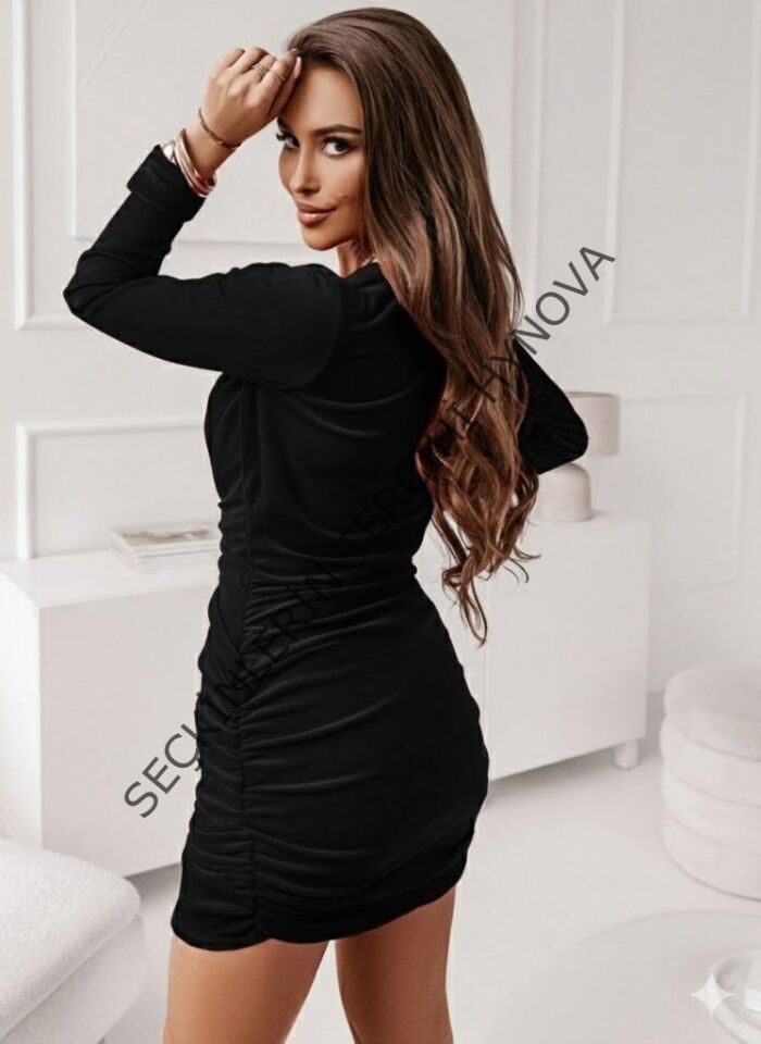 Kadın Uzun Kollu Kruvaze Yaka Yandan Büzgülü Mini Ithal Krep Elbise