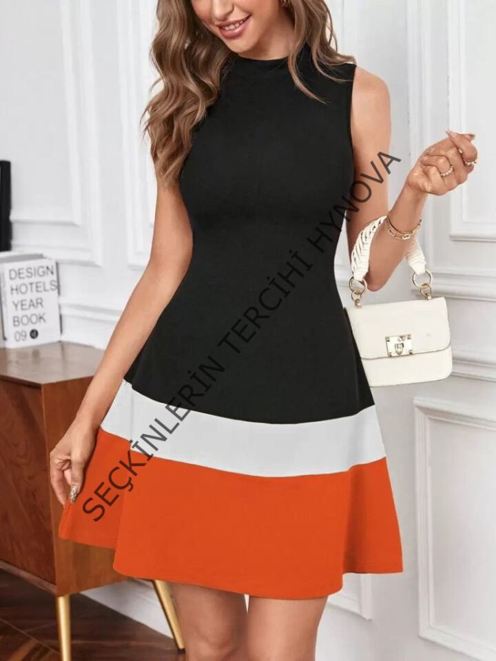 Kadın Sıfır Kol Yarı Balıkçı Yaka şerit Detaylı Ithal Krep Elbise