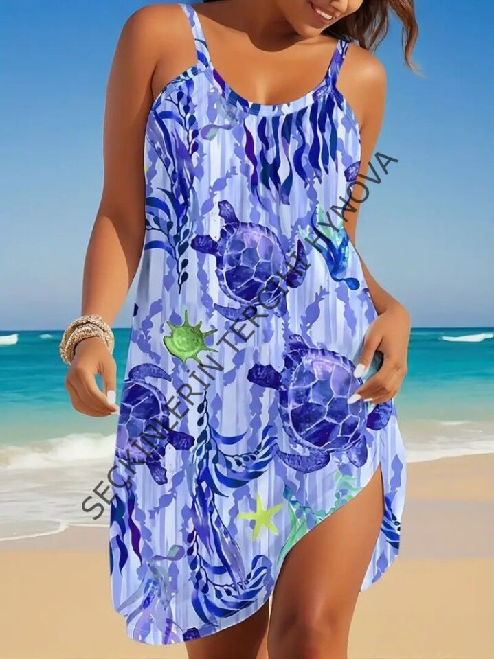 Kadın Askılı Yuvarlak Yaka Kaplumbağa Desenli Süprem Elbise