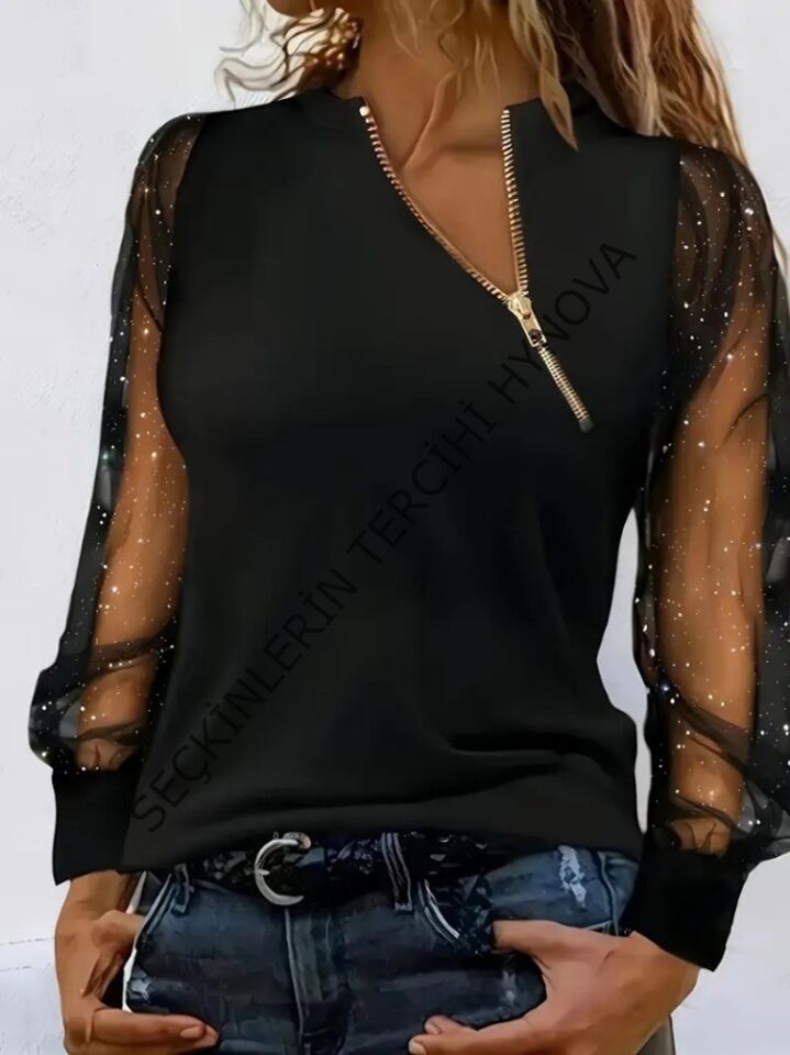 Kadın Uzun Kollu Asimetrik Fermuar Detaylı Viskon Iki Iplik Bluz