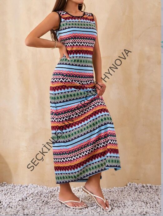 Kadın Bisiklet Yaka Cizgi Desen Süprem Elbise