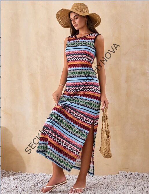 Kadın Bisiklet Yaka Cizgi Desen Süprem Elbise