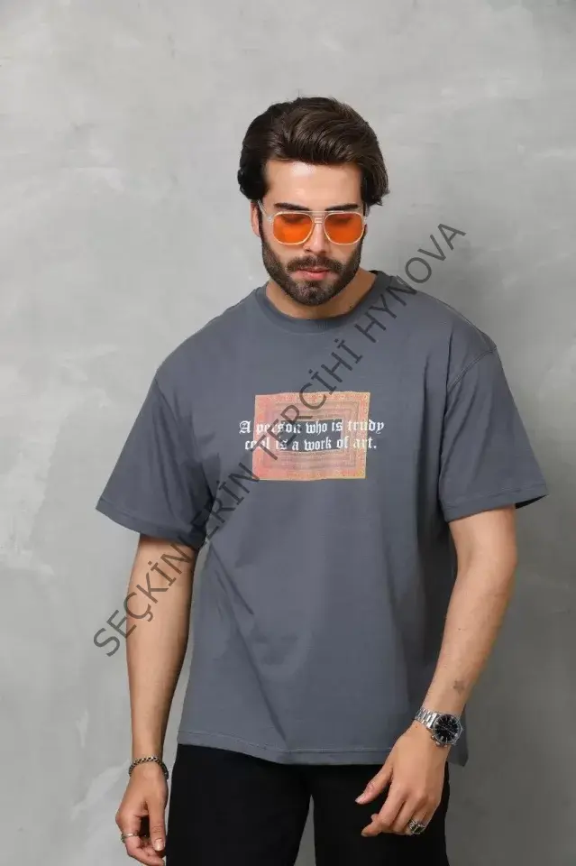 Unisex Bisiklet Yaka Baskılı Oversize T-Shirt - Füme