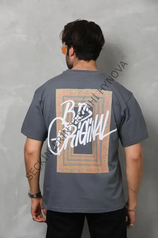 Unisex Bisiklet Yaka Baskılı Oversize T-Shirt - Füme