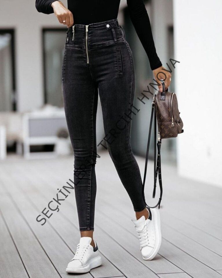 Kadın Fermuar Detay Yüksek Kemerli Kot Pantolon