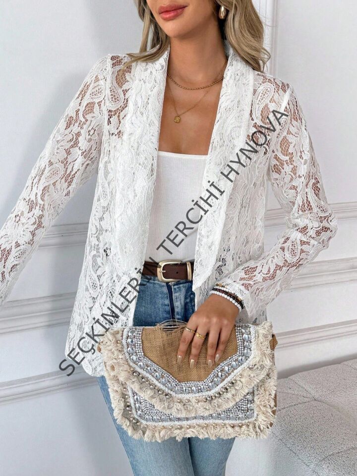 Kadın Uzun Kollu Yakalı önü Açık Dantelli Ceket