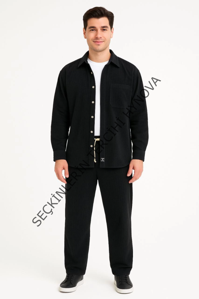 Erkek Kadife Oversize Takım – Gömlek Ve Pantolon İkili Set Füme Corduroy Şıklığı, Rahat Ve Zarif Duruş Yumuşak Dokulu Kadife Kumaş, Düğmeli Gömlek Üst Ve Lastikli Pantolon Alt Parça Ile Gün Boyu Konfor- Siyah