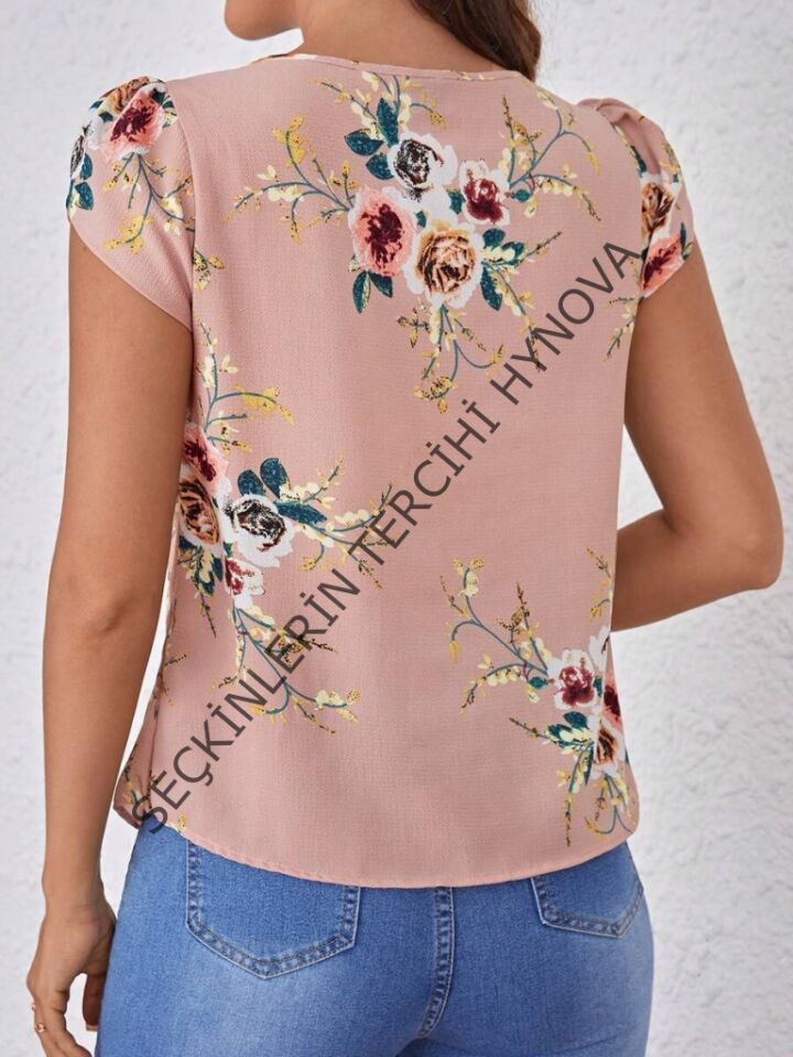 Kadın Kısa Kollu Bisiklet Yaka çiçek Baskılı Süprem Bluz