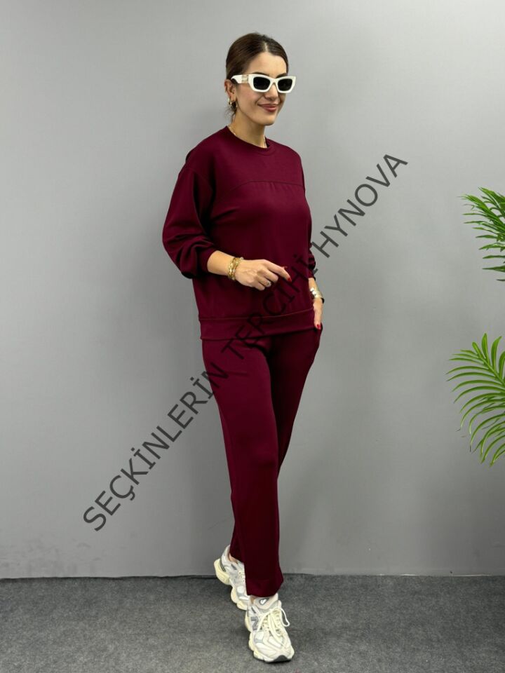Kadın Uzun Kollu Bisiklet Yaka Viskon Iki Iplik Bluz Ve Pantolon Ikili Takım