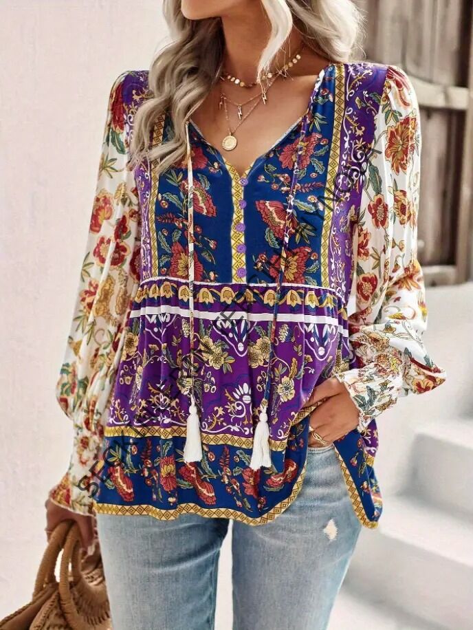 Kadın Uzun Kollu Yakası Açık Bağcıklı çiçek Desenli Salaş Bluz