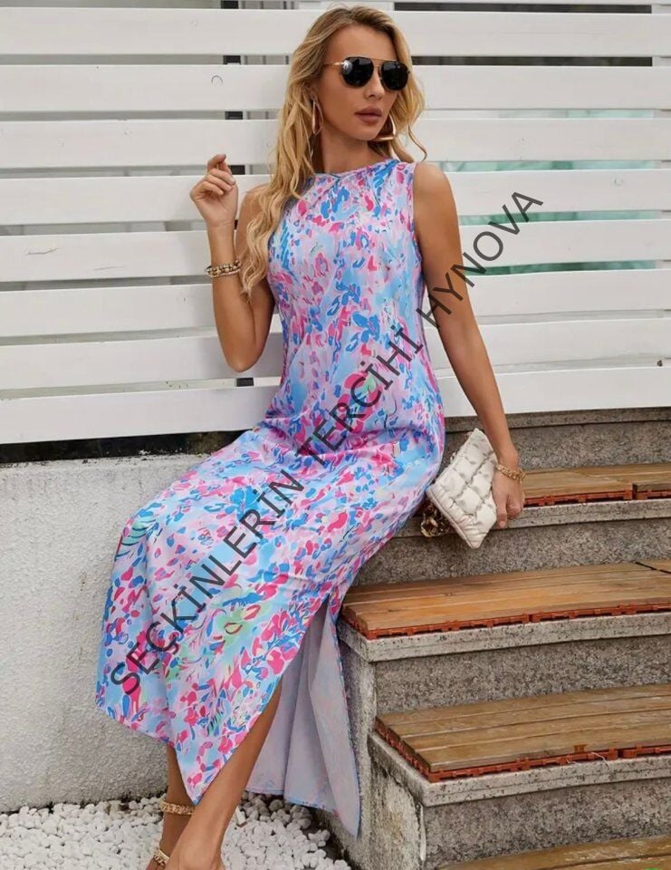 Kadın Askılı Yuvarlak Yaka Yandan Yırtmaçlı Uzun Süprem Elbise