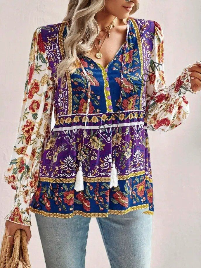 Kadın Uzun Kollu Yakası Açık Bağcıklı çiçek Desenli Salaş Bluz