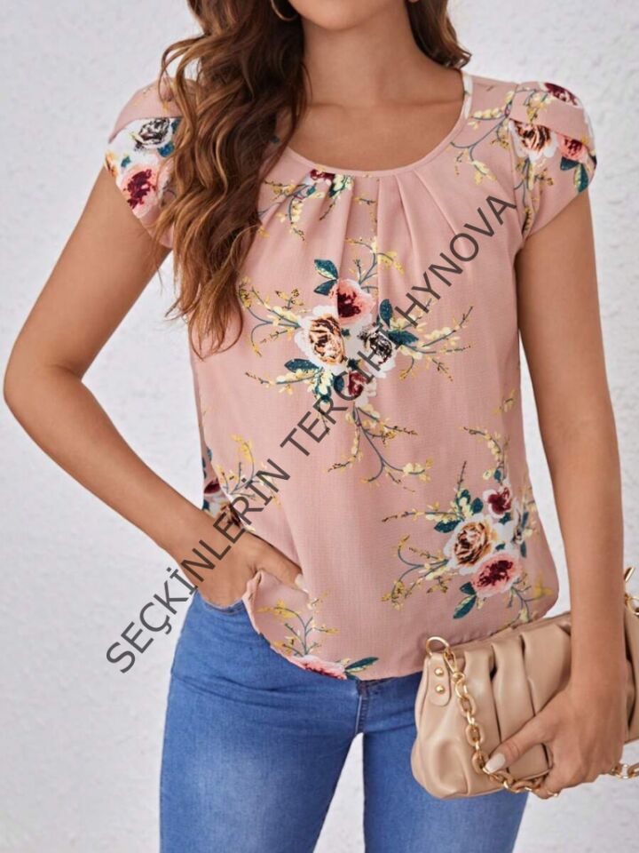Kadın Kısa Kollu Bisiklet Yaka çiçek Baskılı Süprem Bluz
