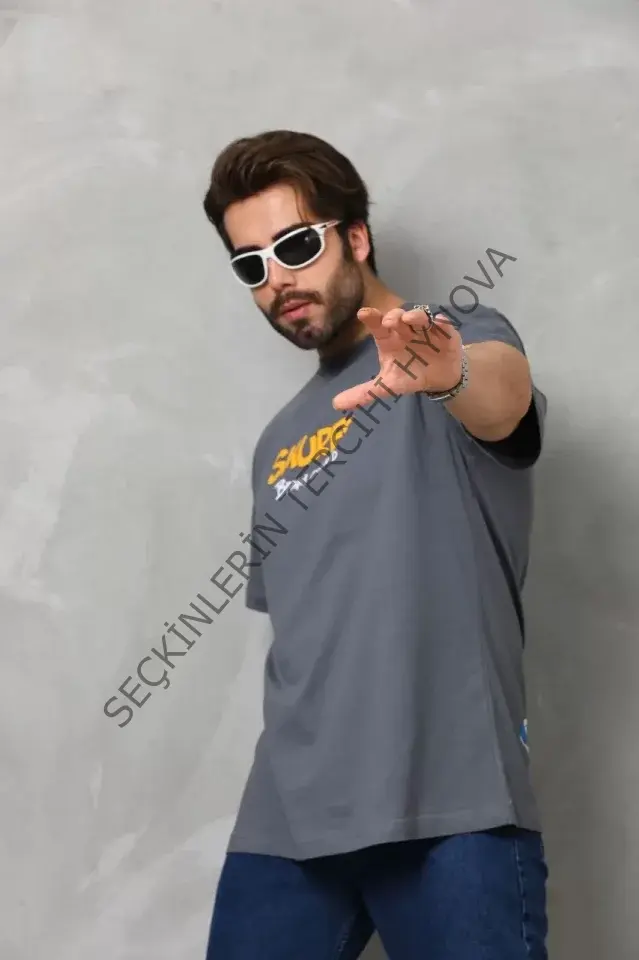 Unisex Basic Bisiklet Yaka Oversize T-Shirt - Füme