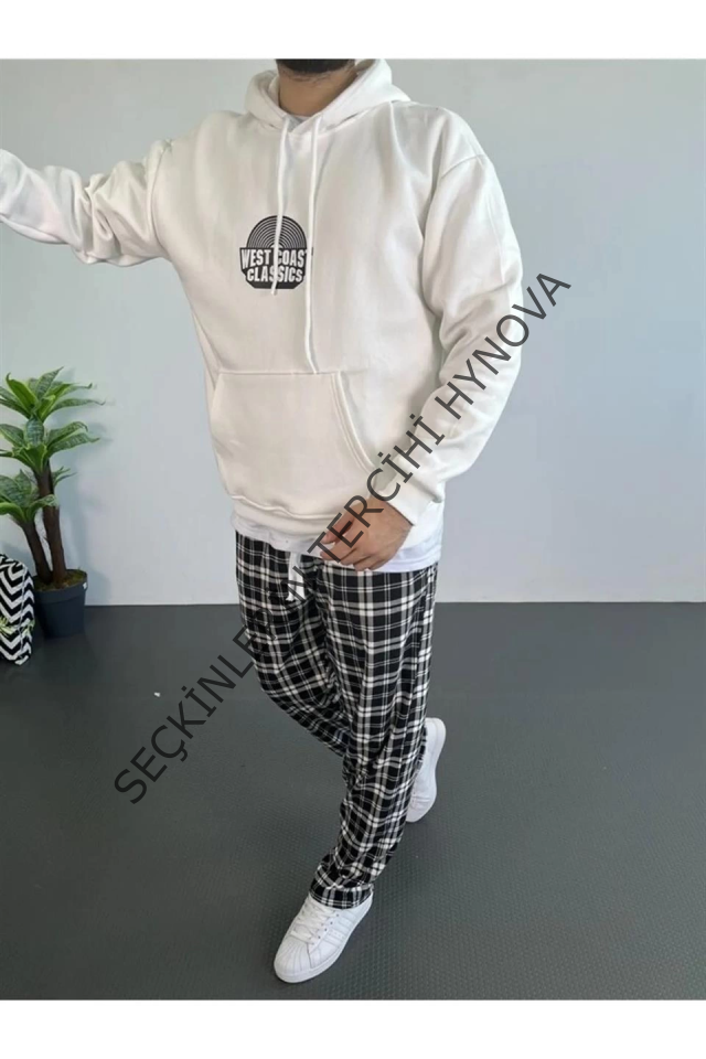 Erkek Oversize Üç İplik Kapüşonlu Sweatshirt – Beyaz Ön Baskılı, Kanguru Cepli, Rahat Kalıp, İçi Pamuklu Model