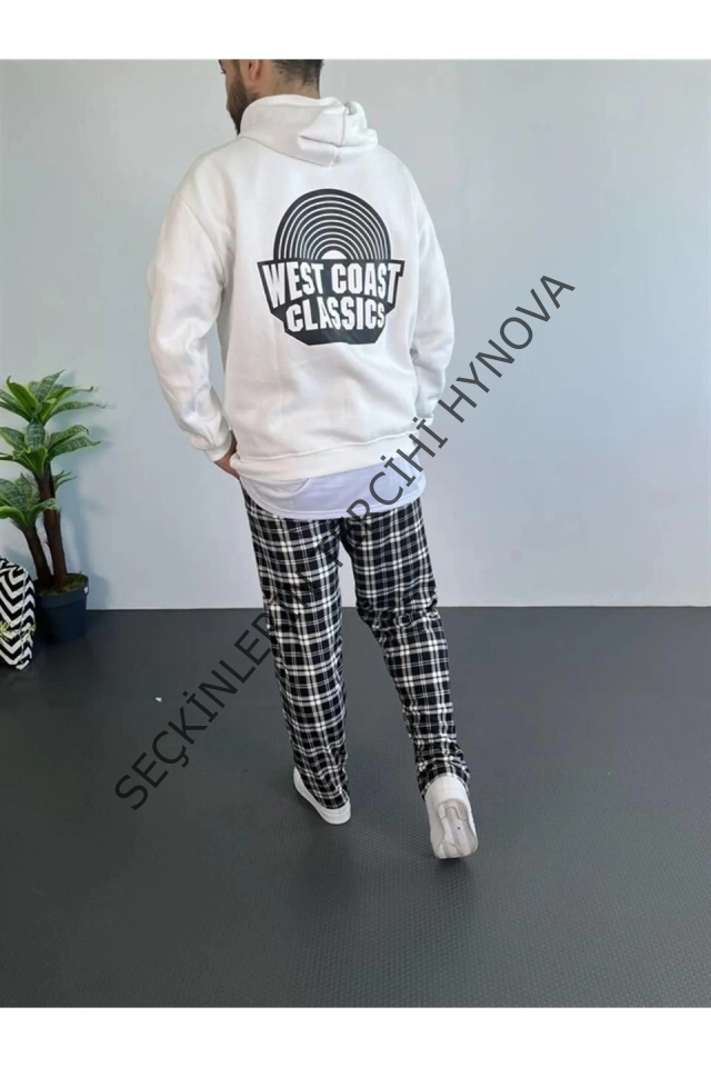 Erkek Oversize Üç İplik Kapüşonlu Sweatshirt – Beyaz Ön Baskılı, Kanguru Cepli, Rahat Kalıp, İçi Pamuklu Model