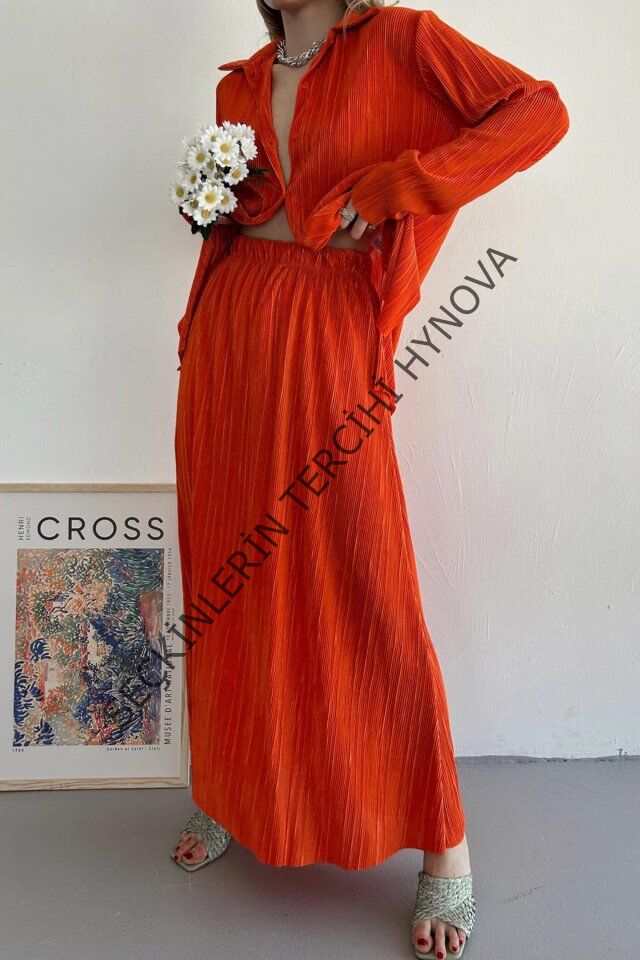 Oranj Fitilli Gömlek Ve Uzun Etek Takım