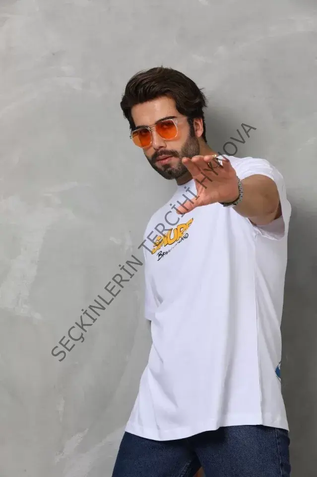 Unisex Bisiklet Yaka Baskılı Oversize T-Shirt - Beyaz