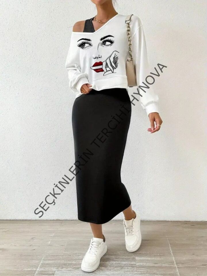 Kadın Askılı Yuvarlak Yaka Viskon Iki Iplik Elbise Ve V Yakalı Bluz Ikili Takım