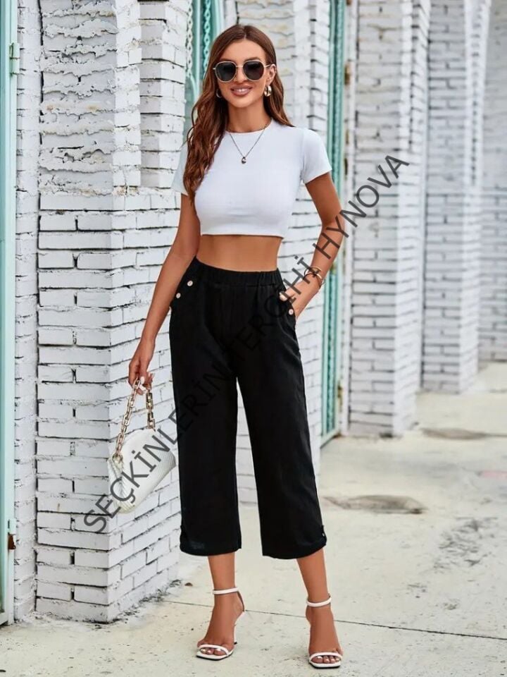 Kadın Beli Lastikli Düğme Ve Cep Detaylı Kapri Ithal Keten Pantolon