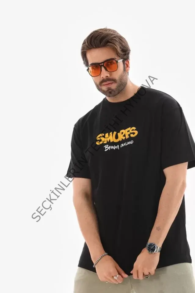 Unisex Bisiklet Yaka Baskılı Oversize T-Shirt - Siyah