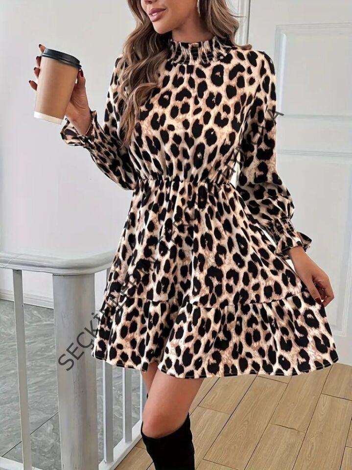 Kadın Uzun Kollu Yarı Balıkçı Yaka Leopar Desenli Modal Mini Elbise