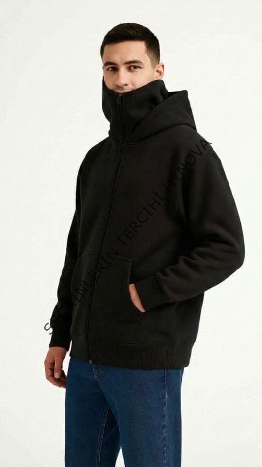 Samuray Ninja Çift Kapüşonlu ZIP Fermuarlı Kanguru Cepli Tam Fermuarlı Hoodie Sweatshirt - Siyah