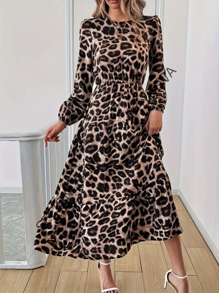 Uzun Kollu Bisiklet Yaka Leopar Desenli Midi Süprem Elbise