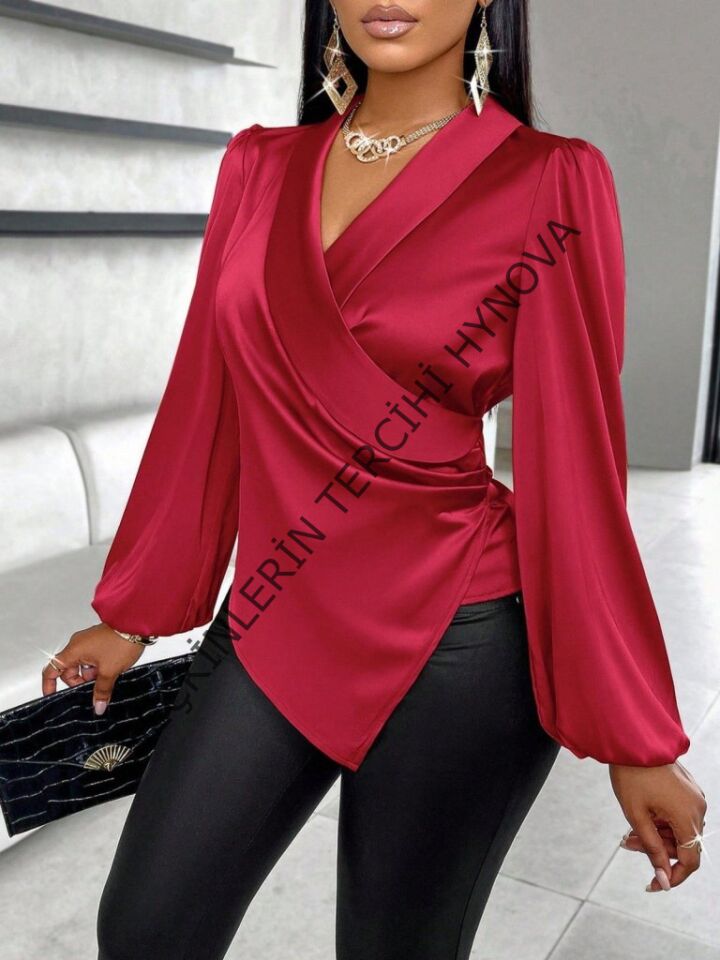 Kadın Uzun Kollu Kruvaze Yakalı Asimetrik Saten Bluz