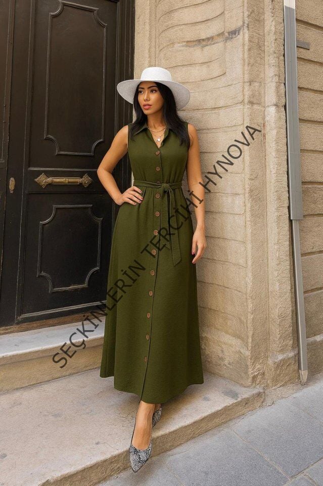 Kadın Düğme Detay Kuşak Dahil Elbise