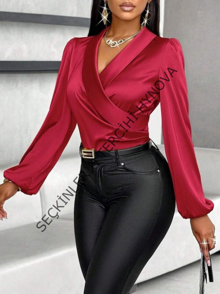 Kadın Uzun Kollu Kruvaze Yakalı Asimetrik Saten Bluz
