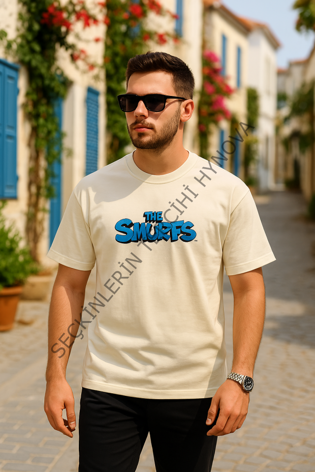 Ön Ve Arka Baskılı Oversize Bisiklet Yaka T-shirt- Beyaz