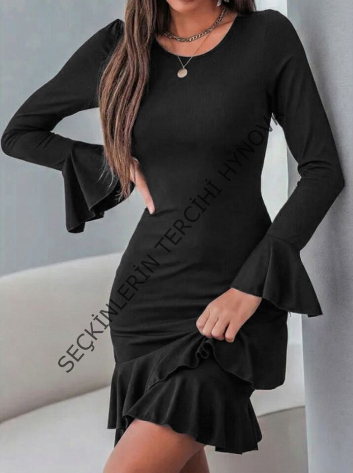 Kadın Uzun Kollu Yuvarlak Yaka Fırfırlı Kol Ucu Volanlı Janjan Krep Mini Elbise