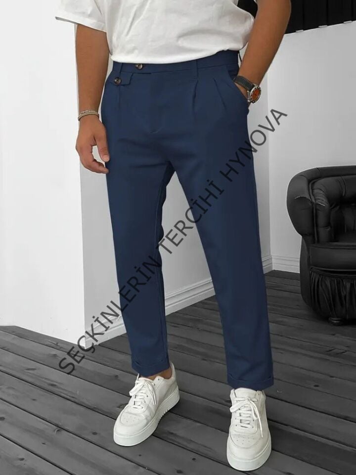 Erkek Belden Düğmeli Cepli Dokuma Pantolon