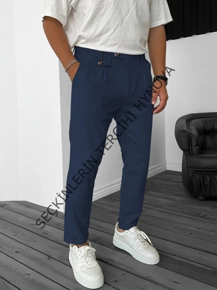 Erkek Belden Düğmeli Cepli Dokuma Pantolon