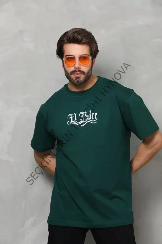 Unisex Bisiklet Yaka Baskılı Oversize T-Shirt - Yeşil