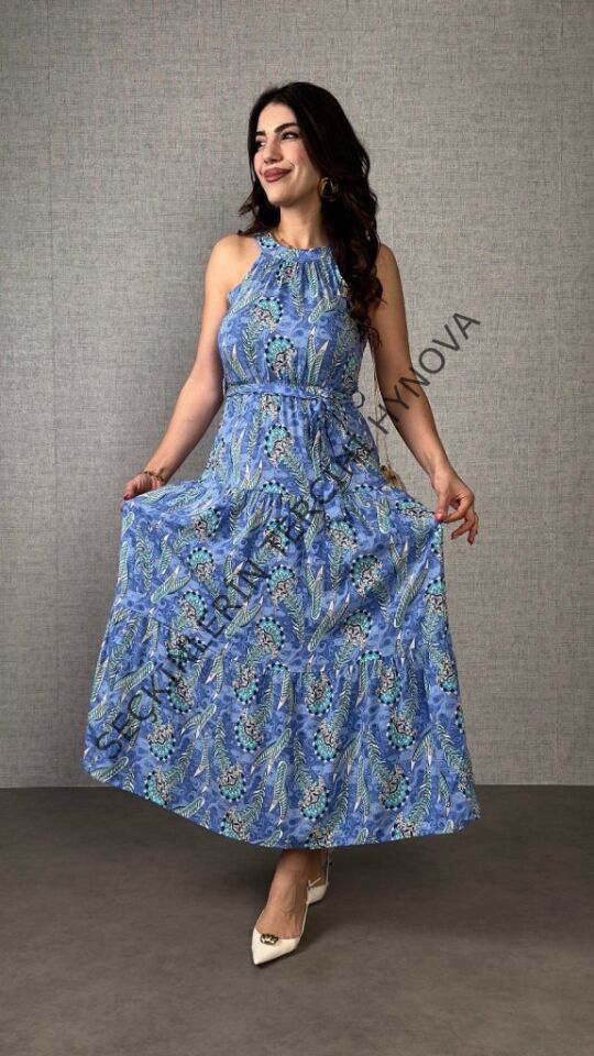 Kadın Omuzlardan Açık Boyundan Geçmeli Desenli Süprem Bluz