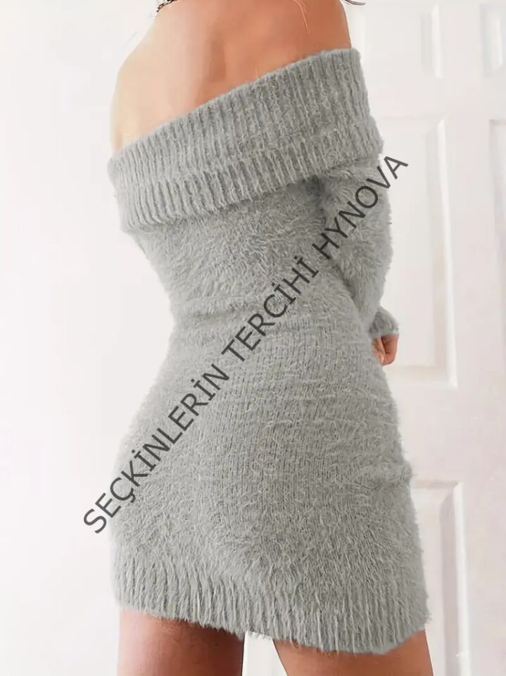 Kadın Uzun Kollu Omuzlardan Açık Kısa şardonlu Triko Elbise