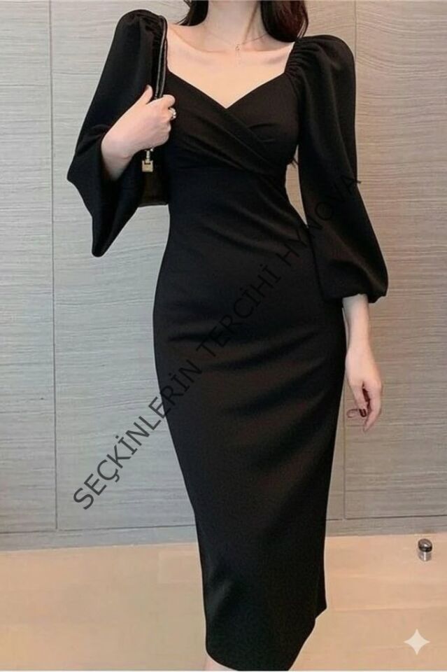 Kadın Uzun Kollu Kalp Yakalı Midi Ithal Krep Elbise