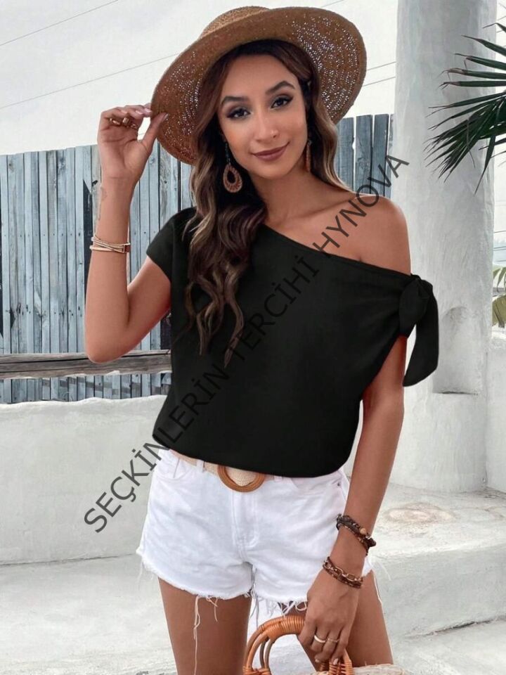 Kadın Tek Omuzu Açık Koldan Bağlamalı Janjan Krep Bluz